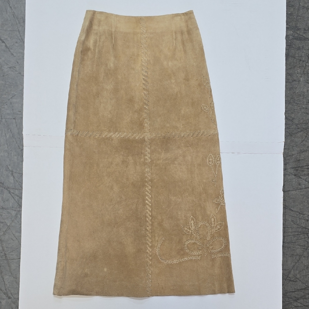 Elegant Tan Pencil Skirt with Embroidery Genuine Leather